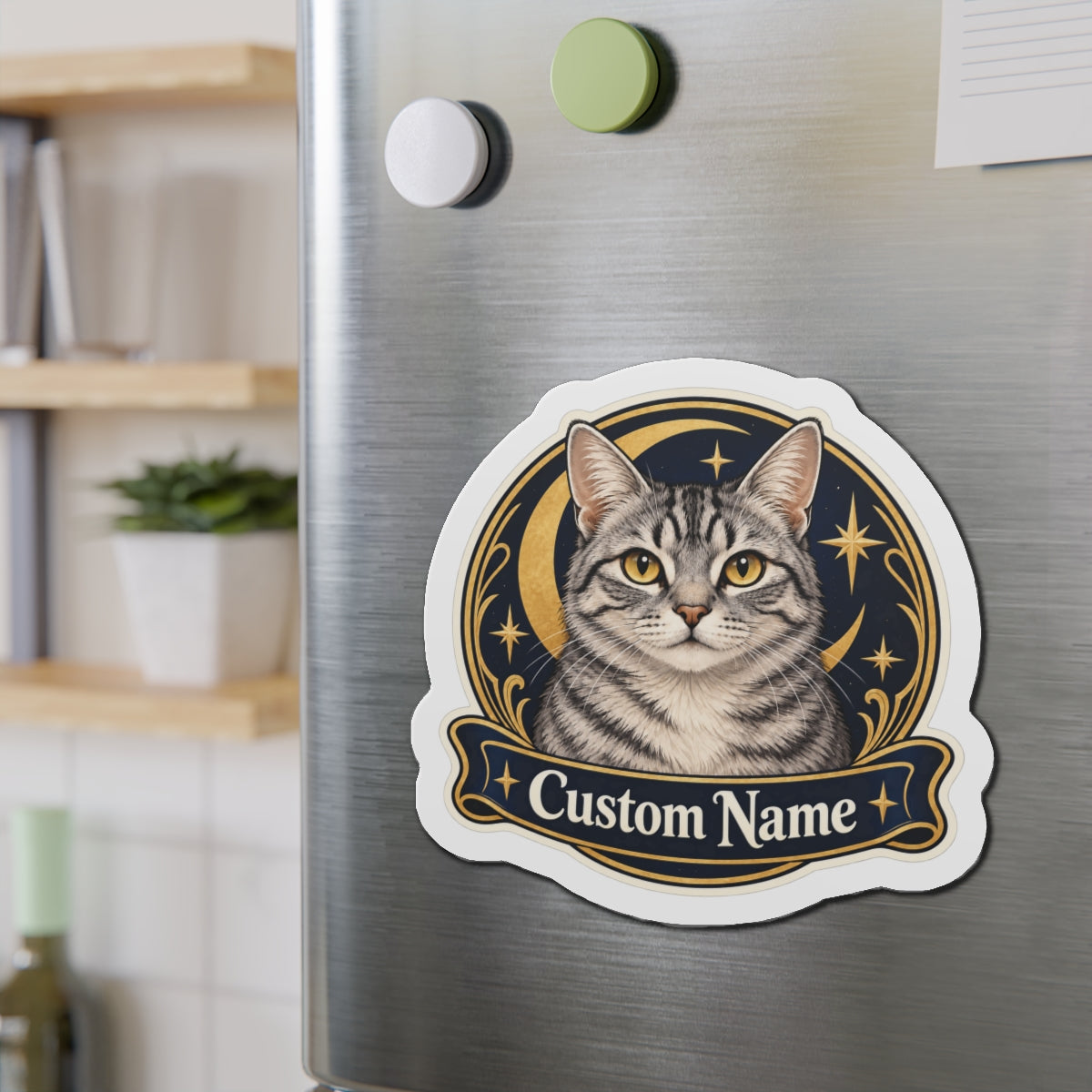 Custom Pet Photo Magnet with Name, 2 Sizes – Moon and Stars